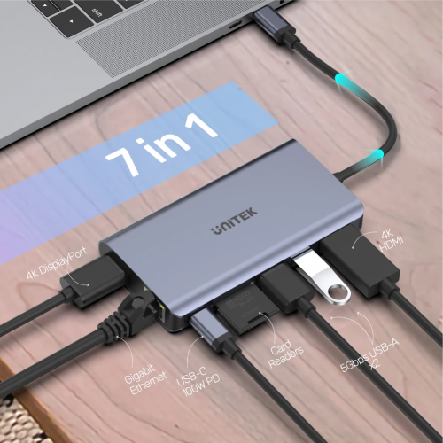 uHUB S7+ 7-in-1 USB-C Ethernet Hub with MST Dual Monitor, 100W Power Delivery and Card Reader uHUB S7+ 7-in-1 USB-C Ethernet Hub with MST Dual Monitor, 100W Power Delivery and Card Reader